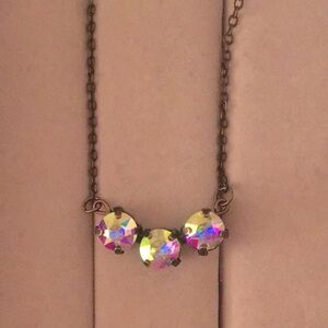 Aurora Borealis + Antique Brass Crystal Bar Necklace